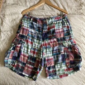 J. Crew Mens Patchwork Madras Plaid Baggy Cargo Pocket Shorts 32x 9"L 100%Cotton